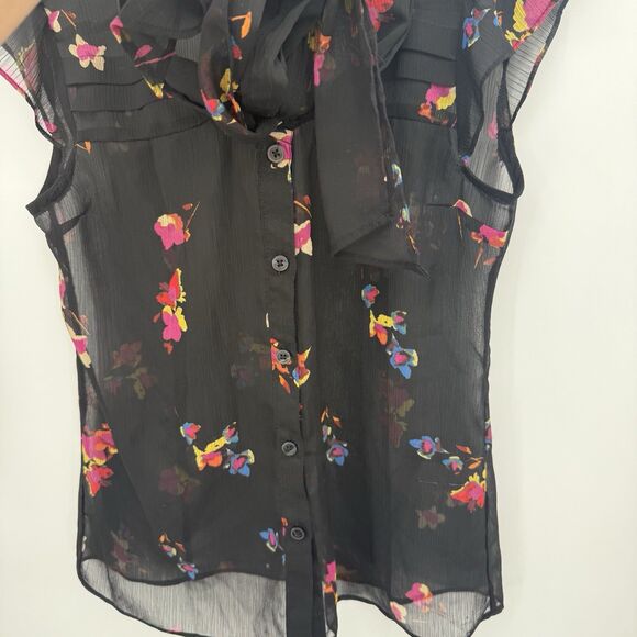 Attention Black Multi Floral Sheer Button Blouse Top Bow Tie Size XS - Picture 6 of 8